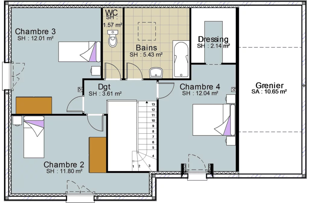 Plan étage Maison Acacia 122, 122 m², 4 chambres | Bâtir Ensemble